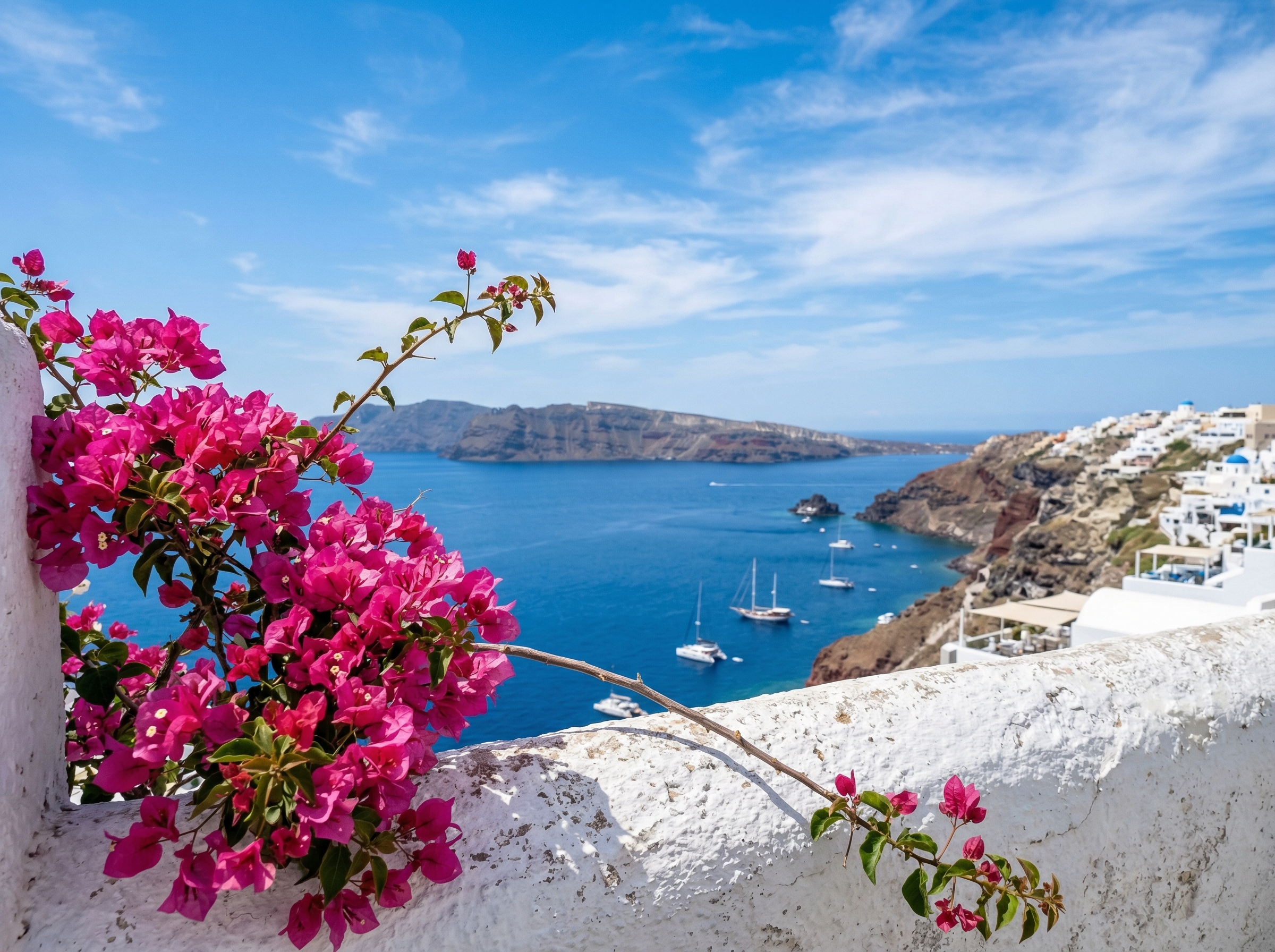 Blühende Bougainvillea im Frühling auf Santorini mit Blick auf die friedliche Caldera