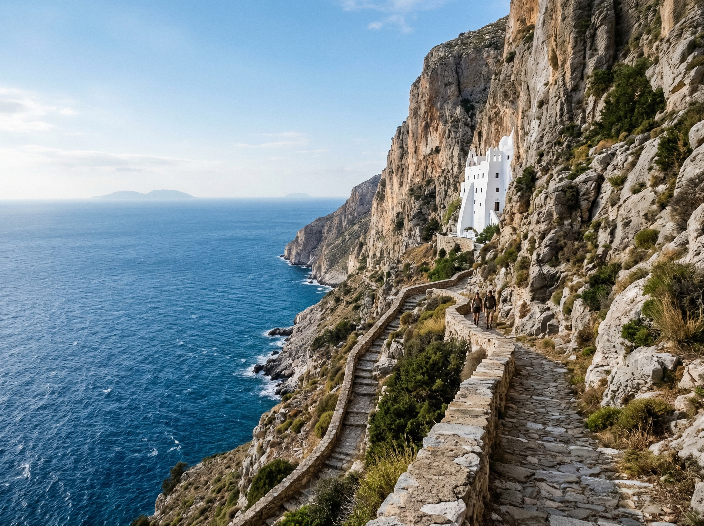 Historischer Wanderpfad an den Klippen von Amorgos mit Blick auf das Meer und das weiße Felsenkloste