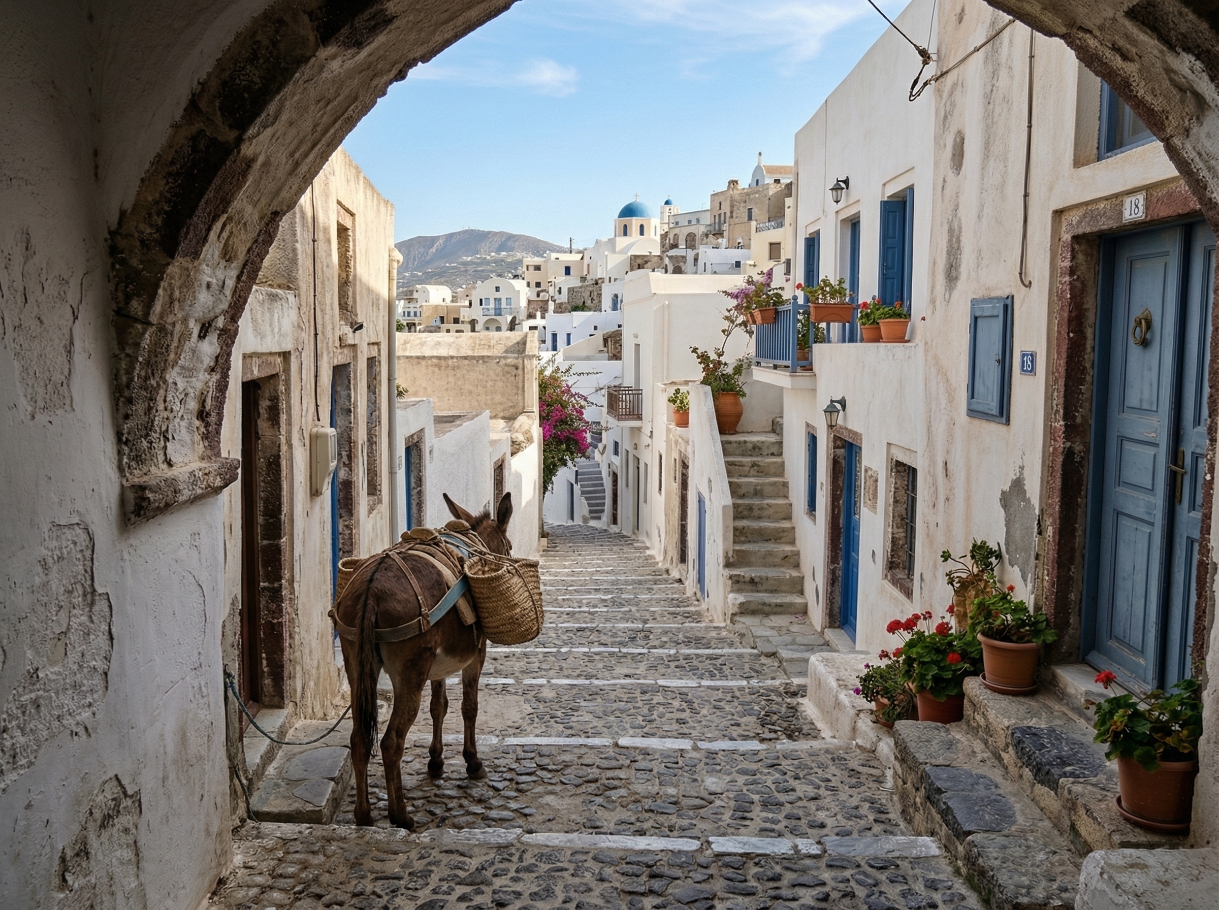 Traditionelle Architektur und ruhige Gassen im Bergdorf Pyrgos auf Santorini abseits der Touristenströme