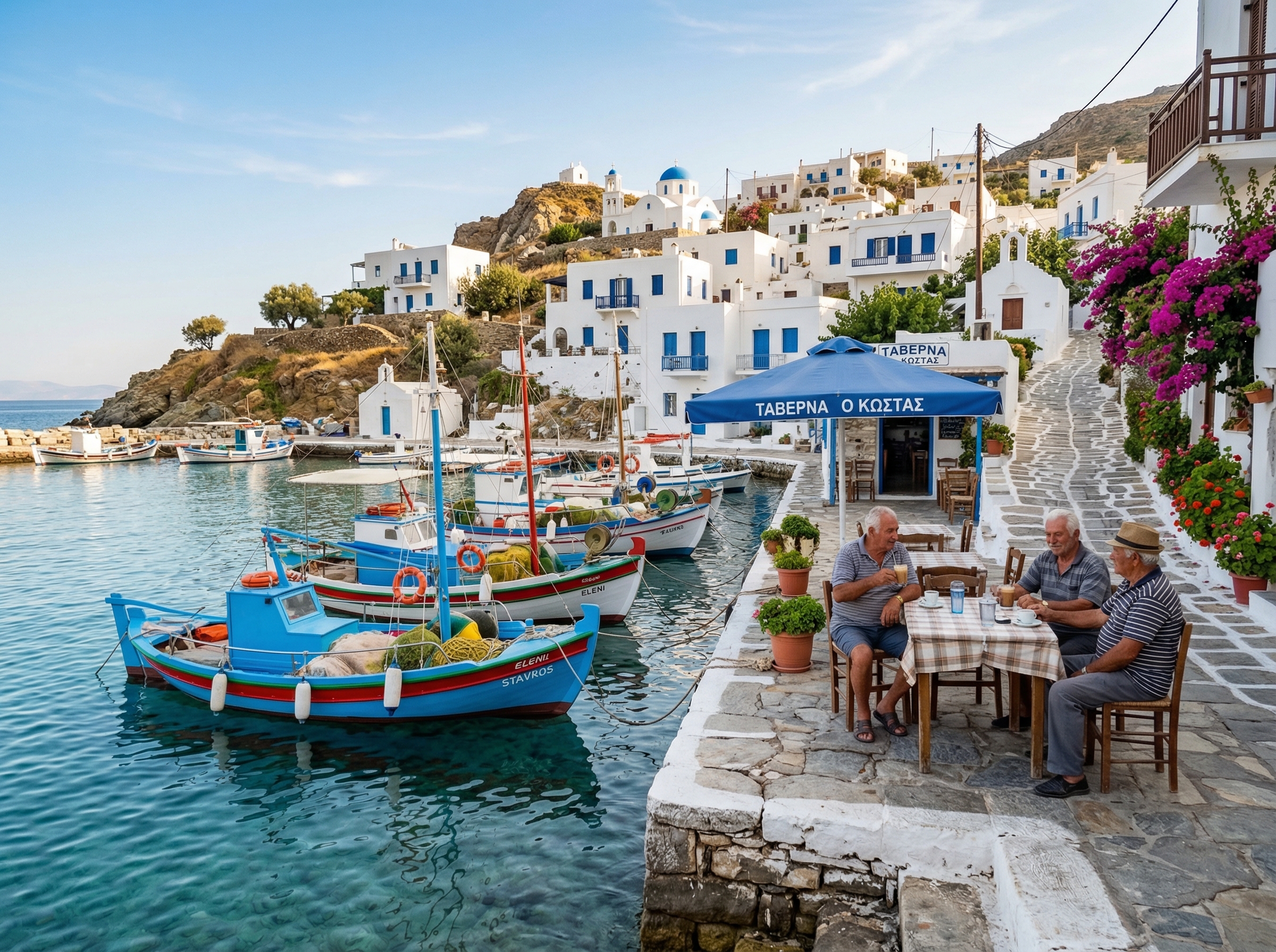 Traditionelle Fischerboote im ruhigen Hafen einer griechischen Insel während der Nebensaison im September