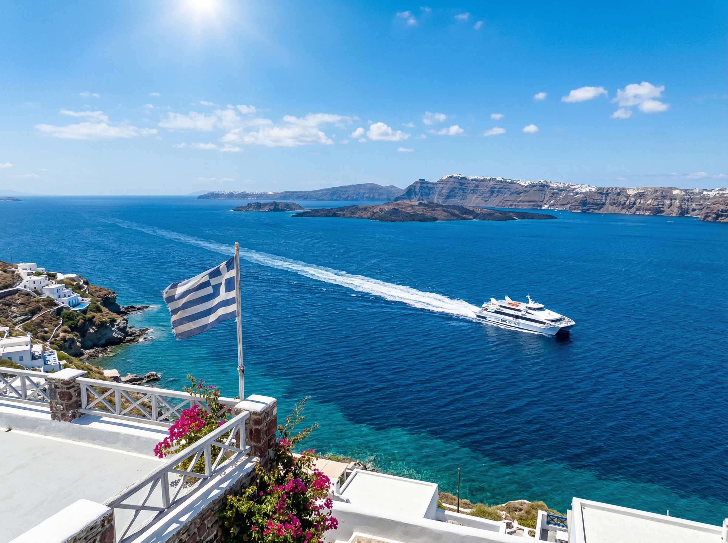 Weißes Fährschiff auf dem tiefblauen Ägäischen Meer beim Inselhüpfen in Griechenland vor der Kulisse der Kykladen